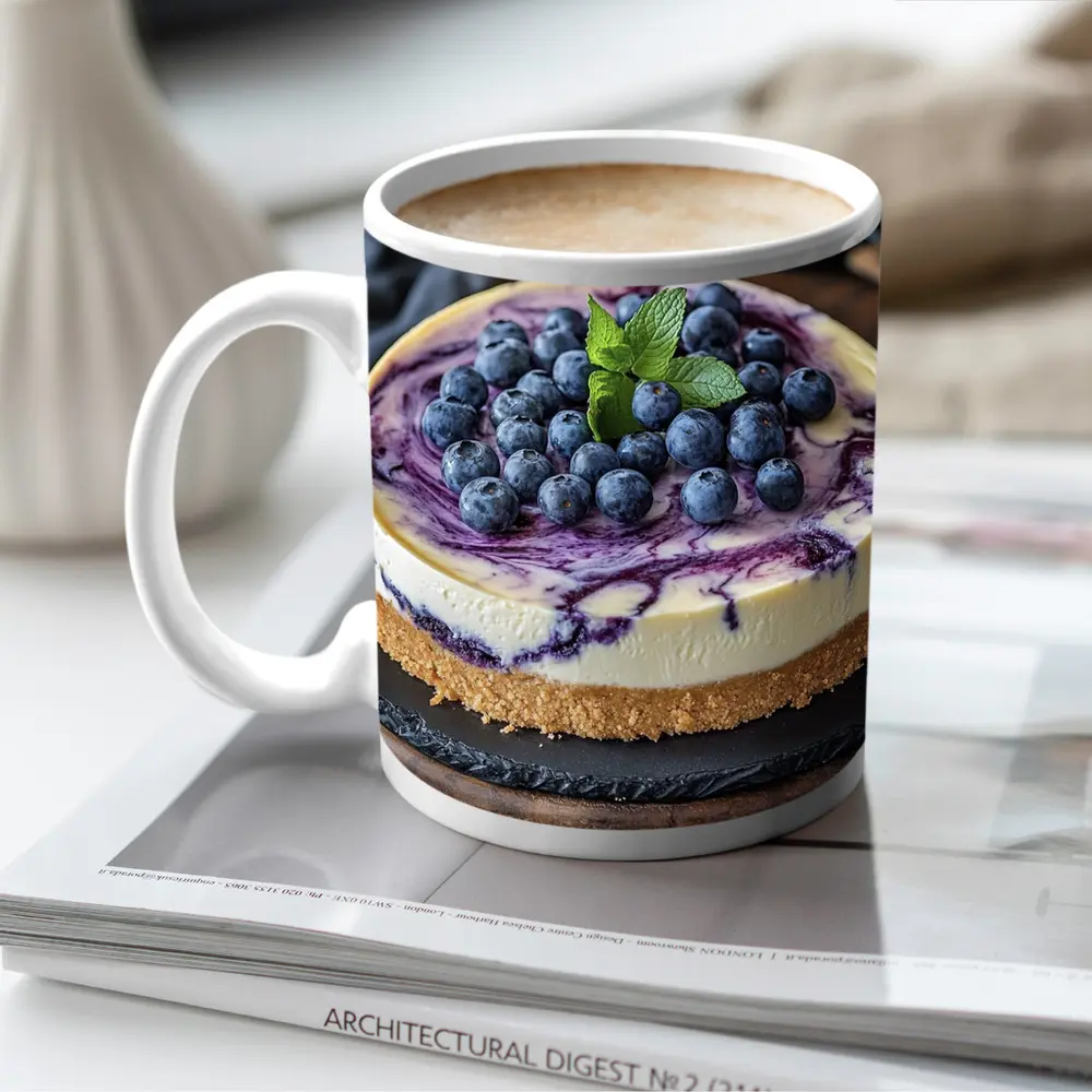 Blueberry Swirl Cheesecake On Wooden Board – Mugs