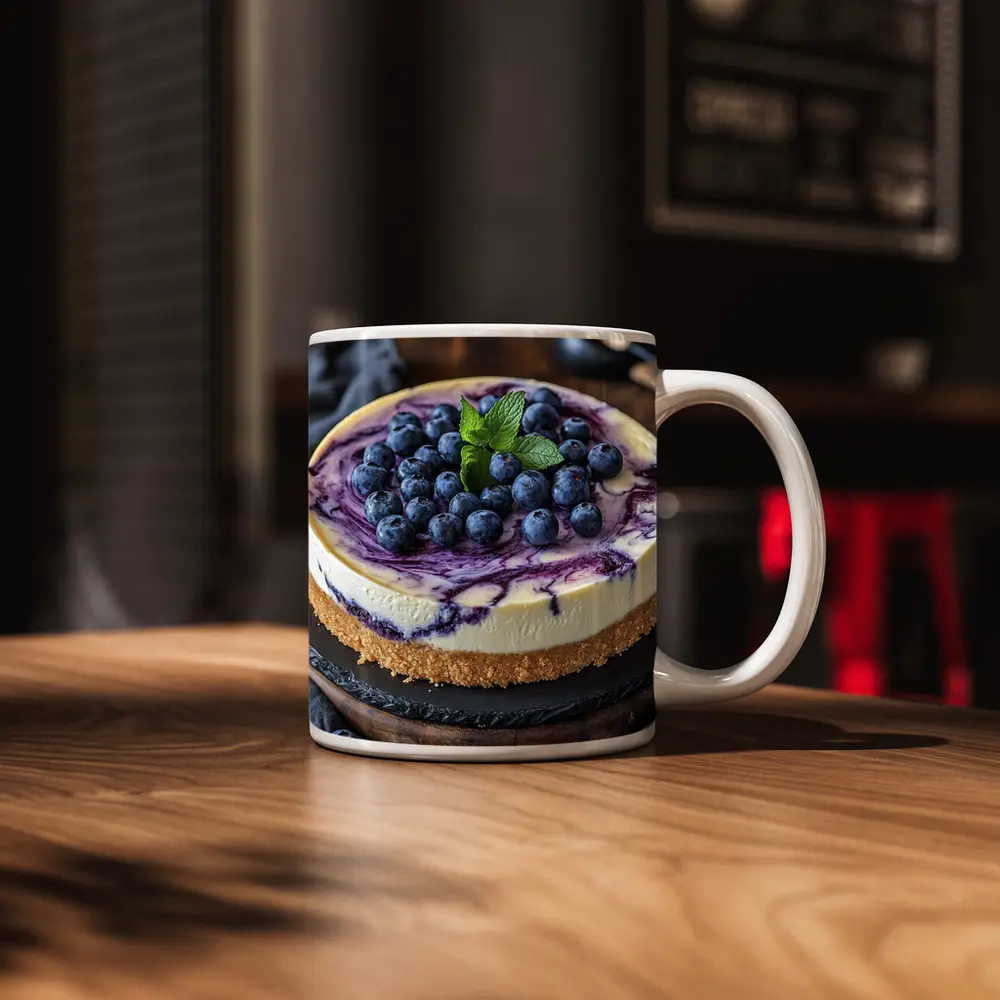 Blueberry Swirl Cheesecake On Wooden Board – Mugs