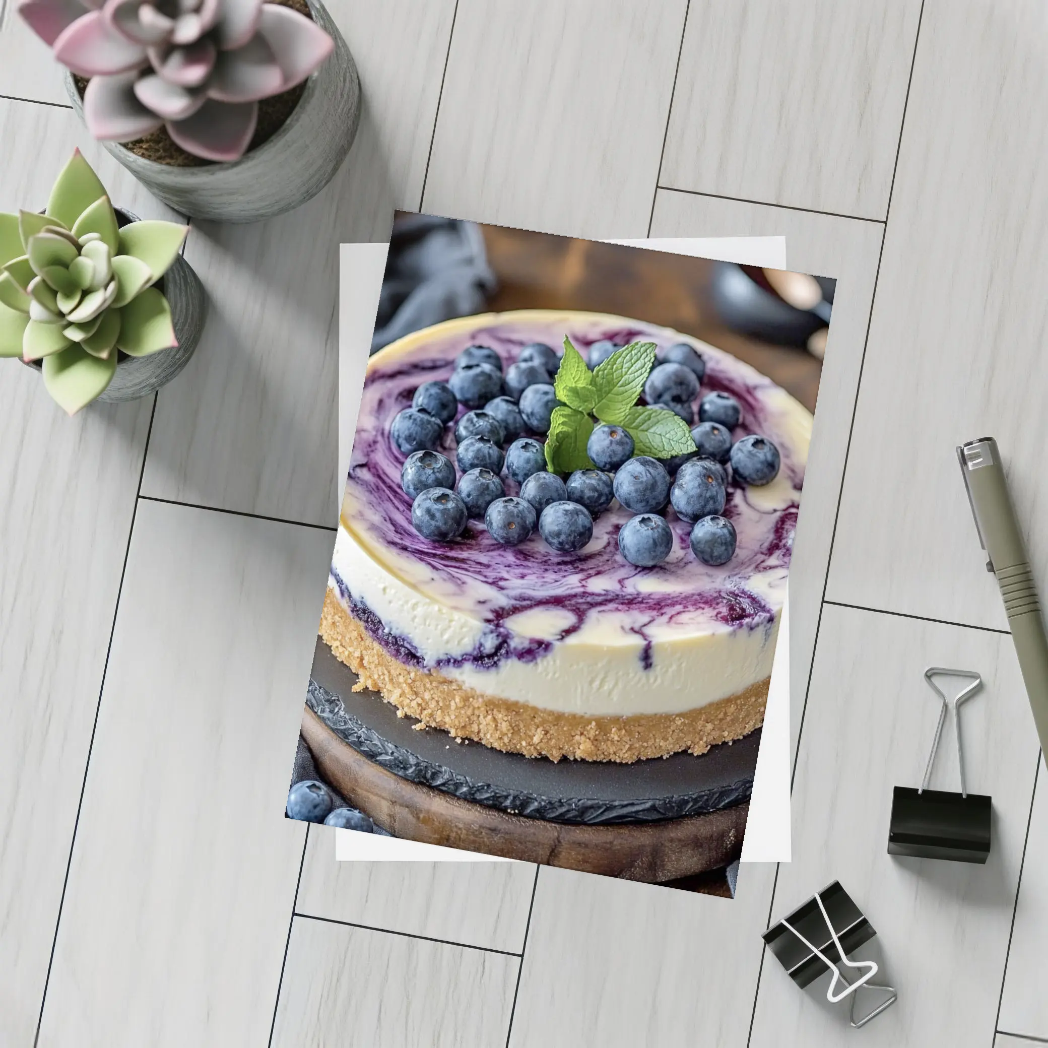 Blueberry Swirl Cheesecake On Wooden Board – Postcards