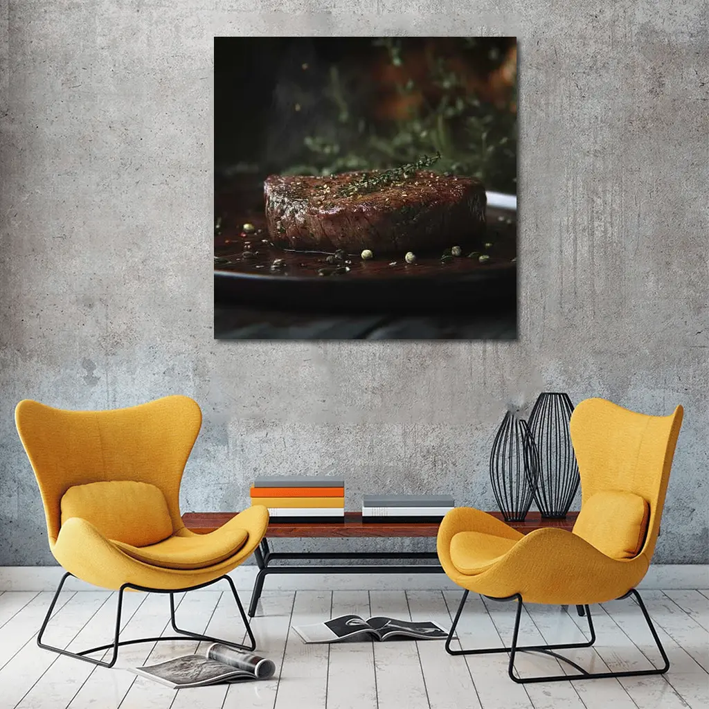 Seared Fillet Steak Herbs Dark Plate – Wall Art
