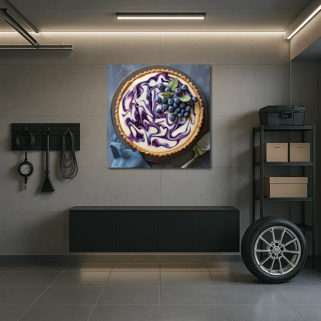 Blueberry Swirl Cheesecake Tart Blue Background – Wall Art