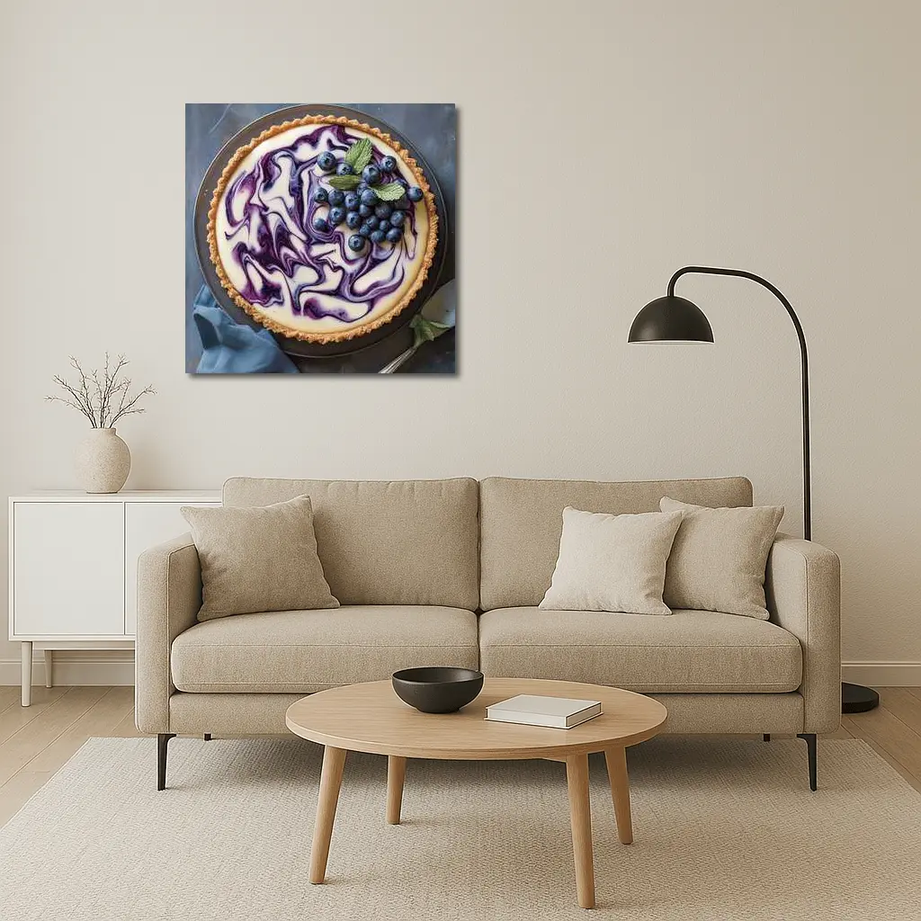 Blueberry Swirl Cheesecake Tart Blue Background – Wall Art