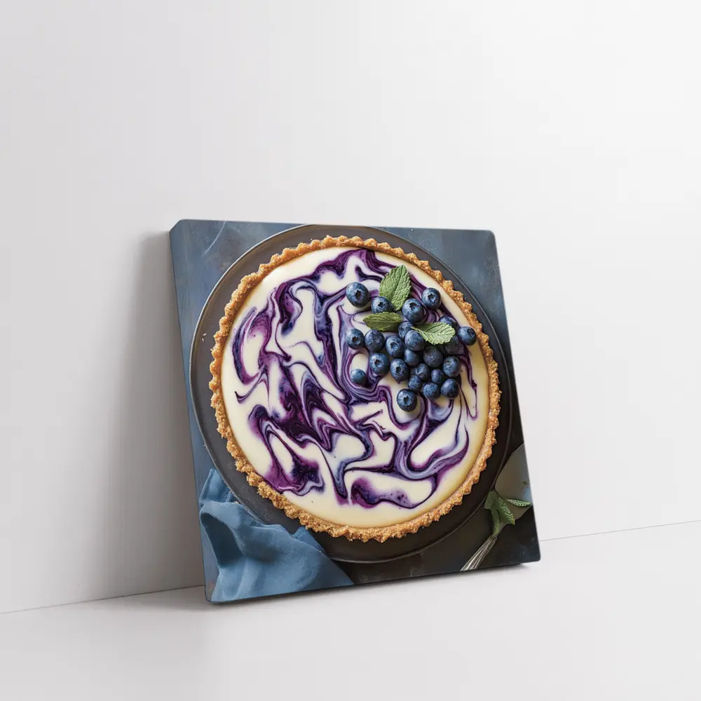 Blueberry Swirl Cheesecake Tart Blue Background – Wall Art