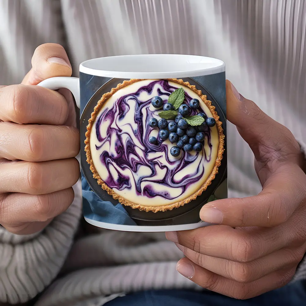 Blueberry Swirl Cheesecake Tart Blue Background – Mugs