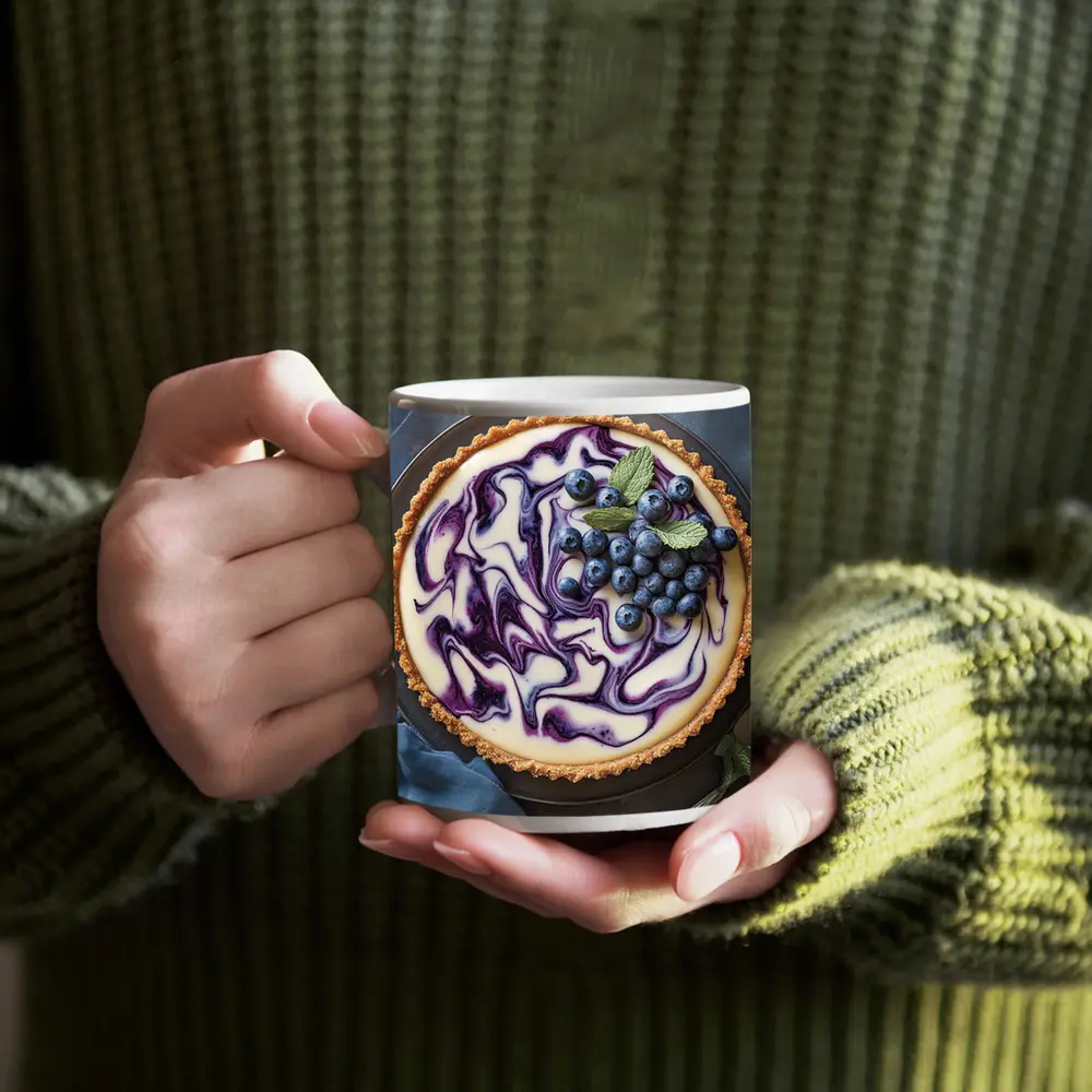 Blueberry Swirl Cheesecake Tart Blue Background – Mugs