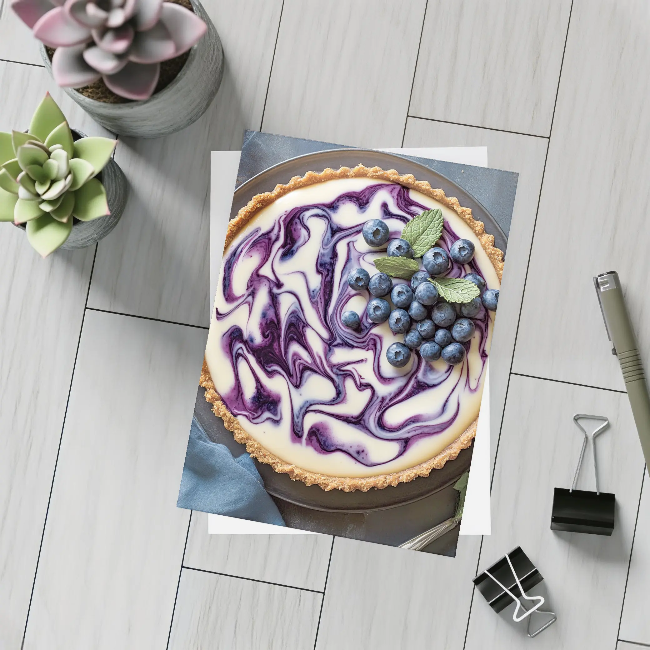 Blueberry Swirl Cheesecake Tart Blue Background – Postcards