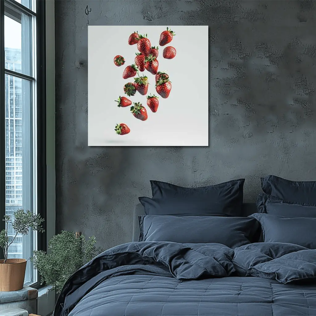 Fresh Strawberries Falling On White Background – Wall Art
