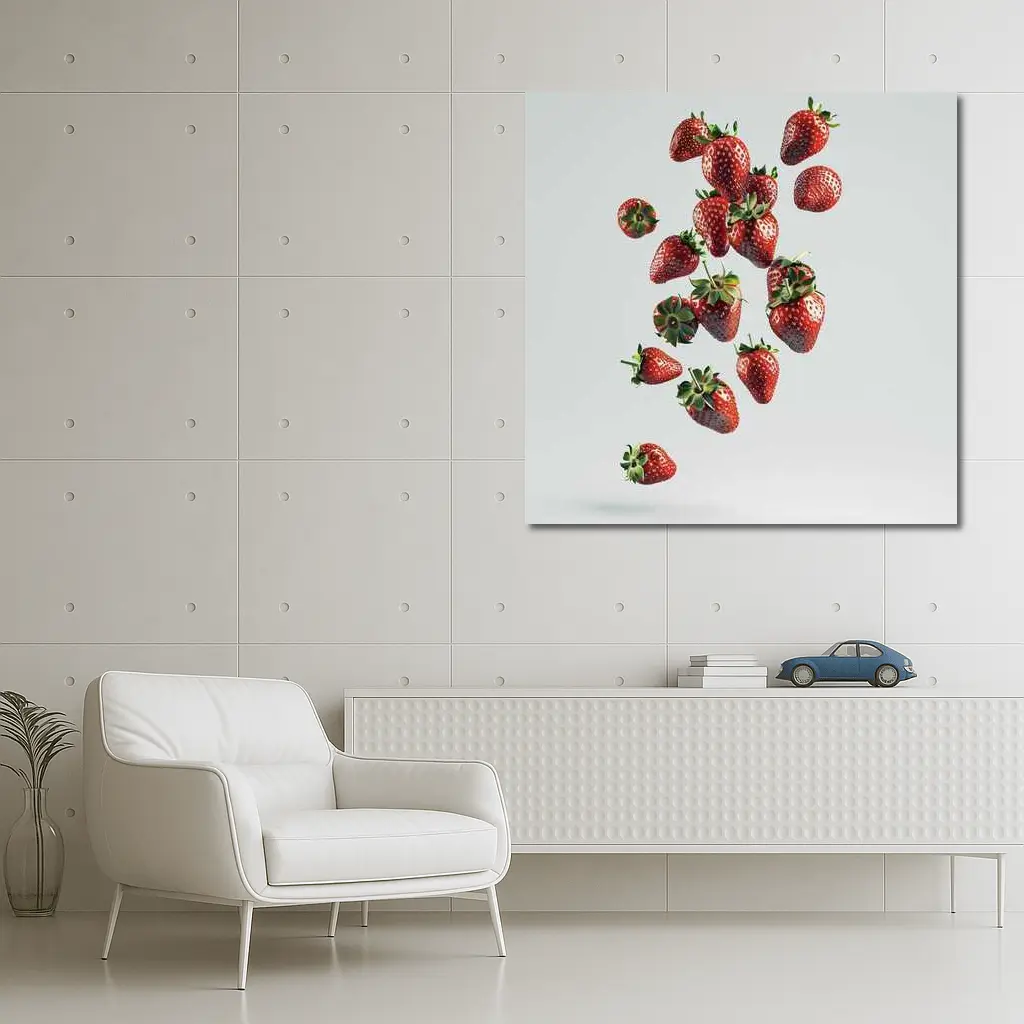 Fresh Strawberries Falling On White Background – Wall Art