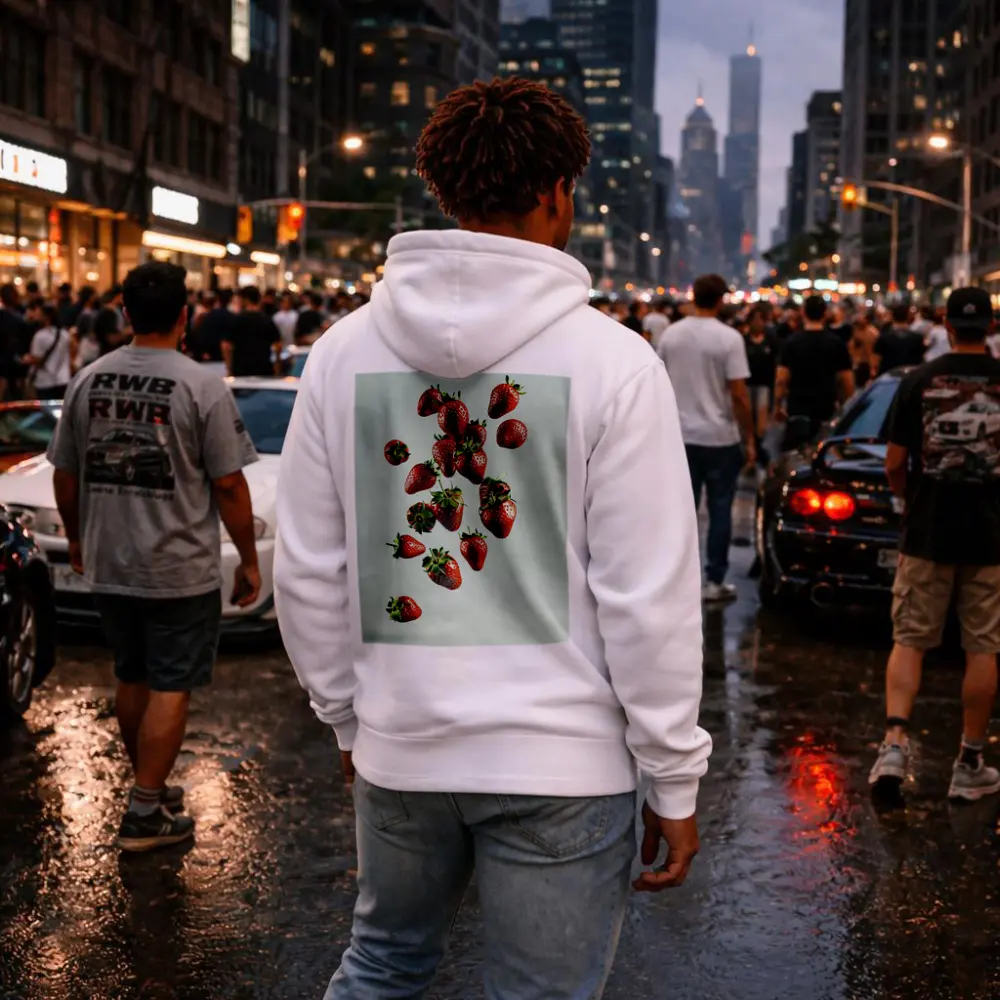 Fresh Strawberries Falling On White Background – Hoodies
