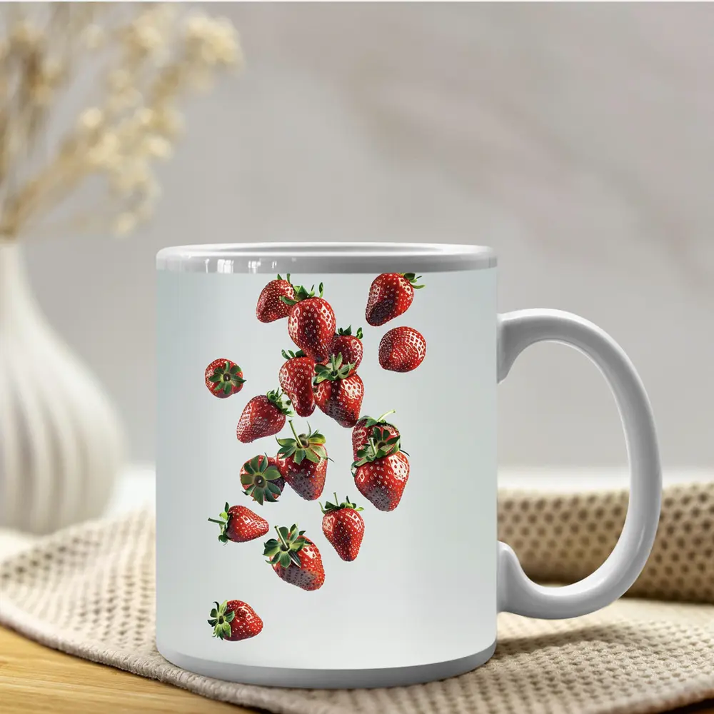 Fresh Strawberries Falling On White Background – Mugs