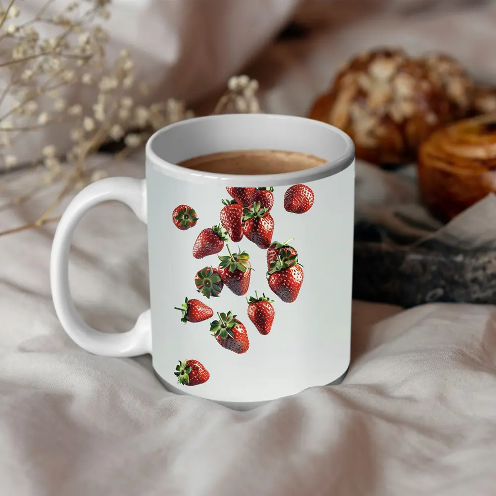 Fresh Strawberries Falling On White Background – Mugs