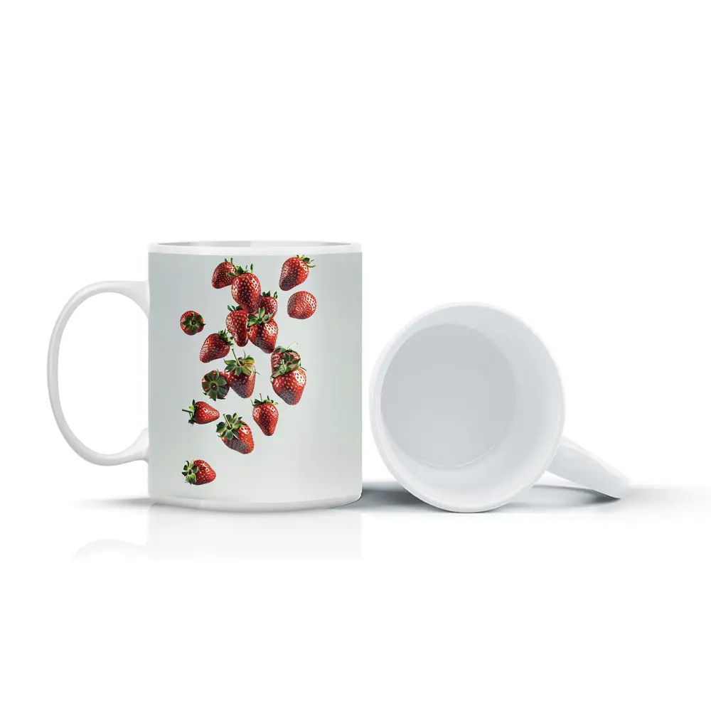 Fresh Strawberries Falling On White Background – Mugs