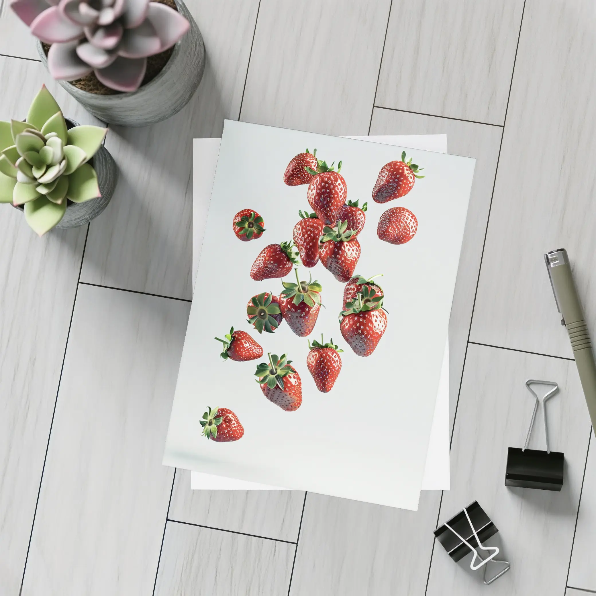 Fresh Strawberries Falling On White Background – Postcards