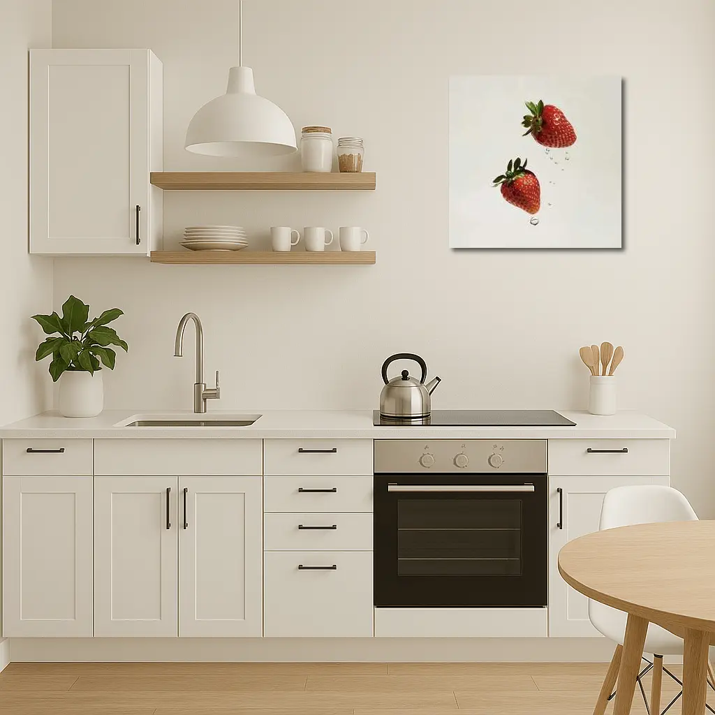 Two Fresh Strawberries Falling With Water Drops – Wall Art
