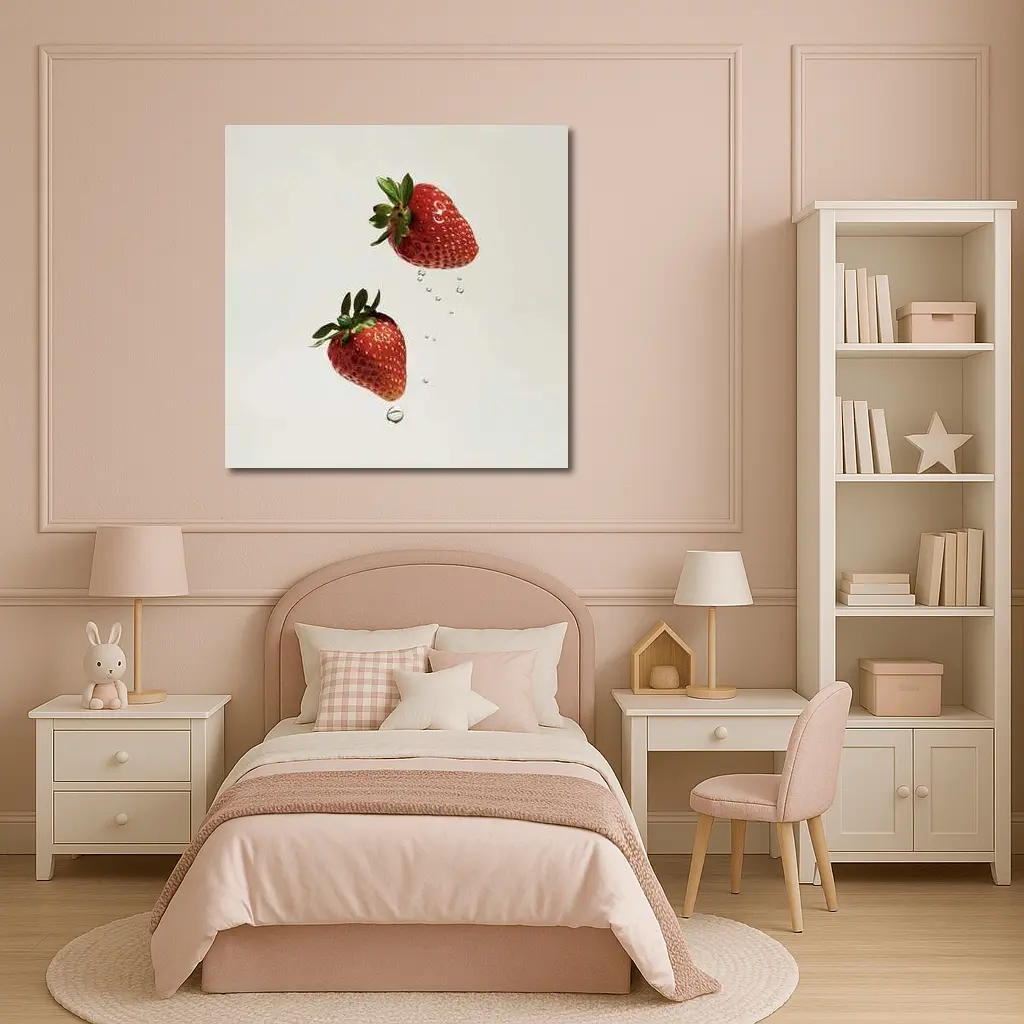 Two Fresh Strawberries Falling With Water Drops – Wall Art