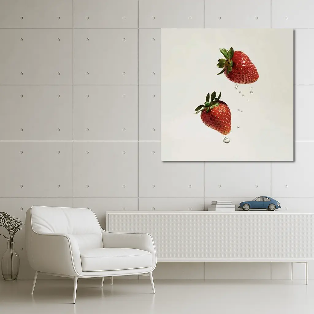Two Fresh Strawberries Falling With Water Drops – Wall Art
