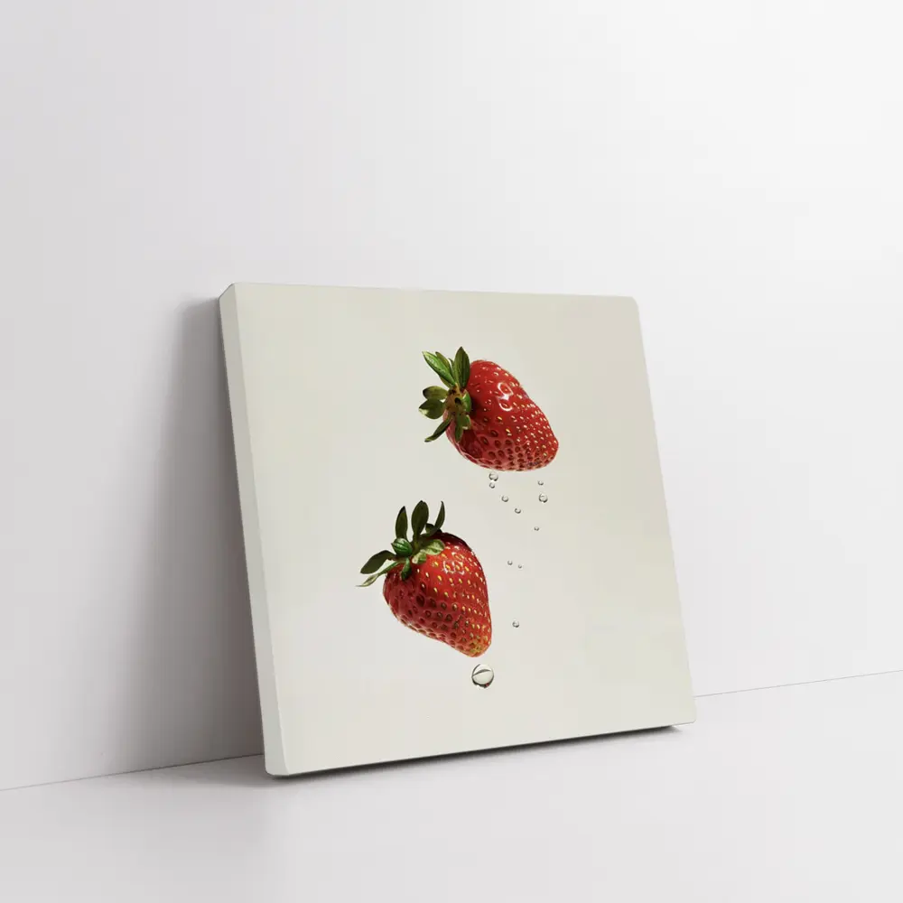 Two Fresh Strawberries Falling With Water Drops – Wall Art