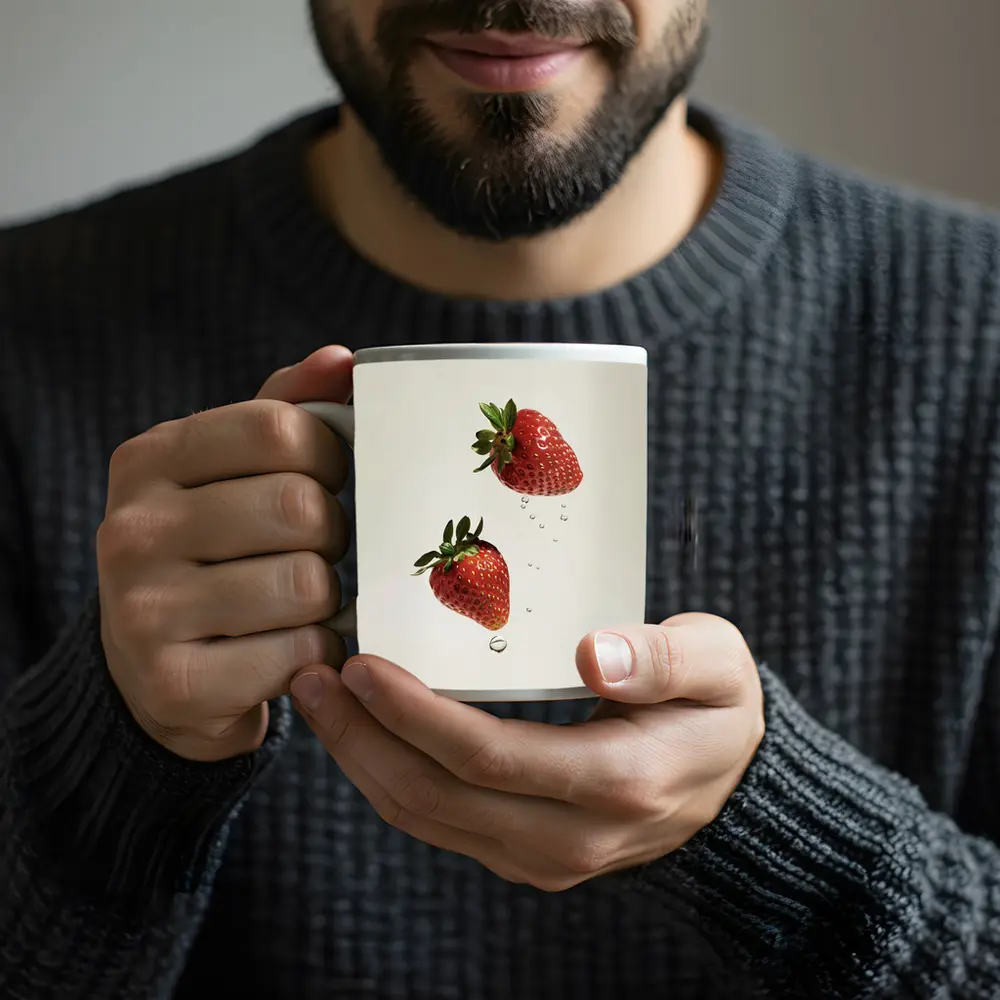Two Fresh Strawberries Falling With Water Drops – Mugs