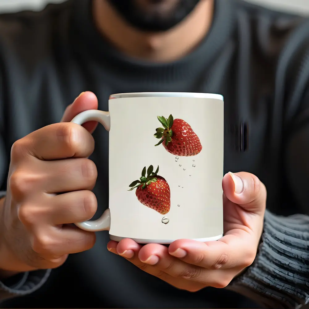 Two Fresh Strawberries Falling With Water Drops – Mugs