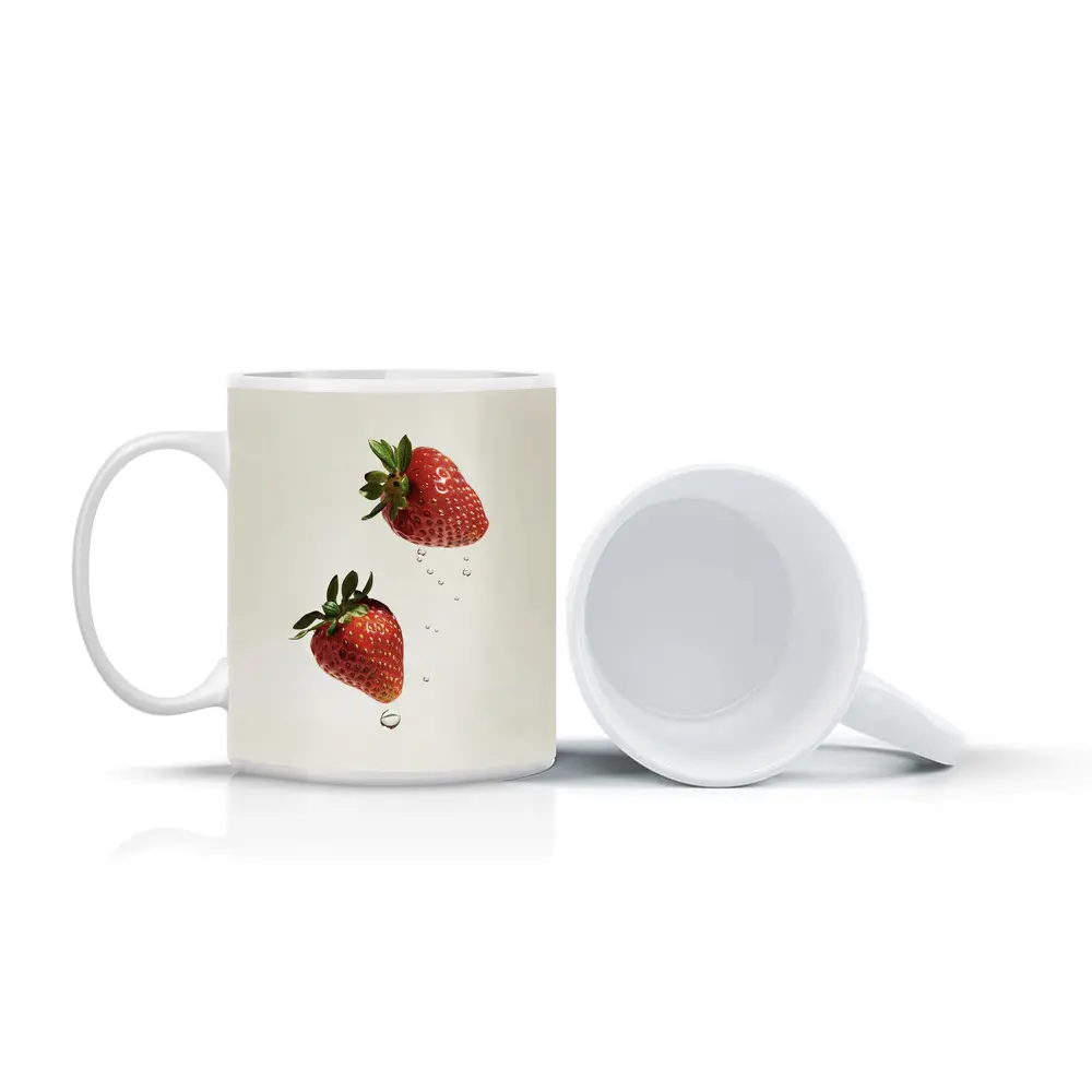 Two Fresh Strawberries Falling With Water Drops – Mugs