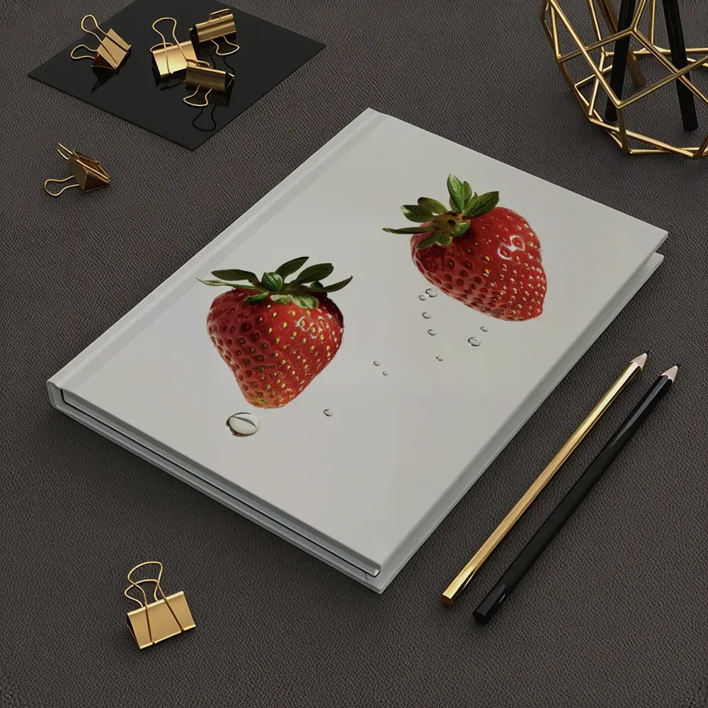 Two Fresh Strawberries Falling With Water Drops – Notebooks