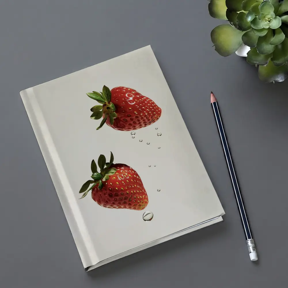 Two Fresh Strawberries Falling With Water Drops – Notebooks