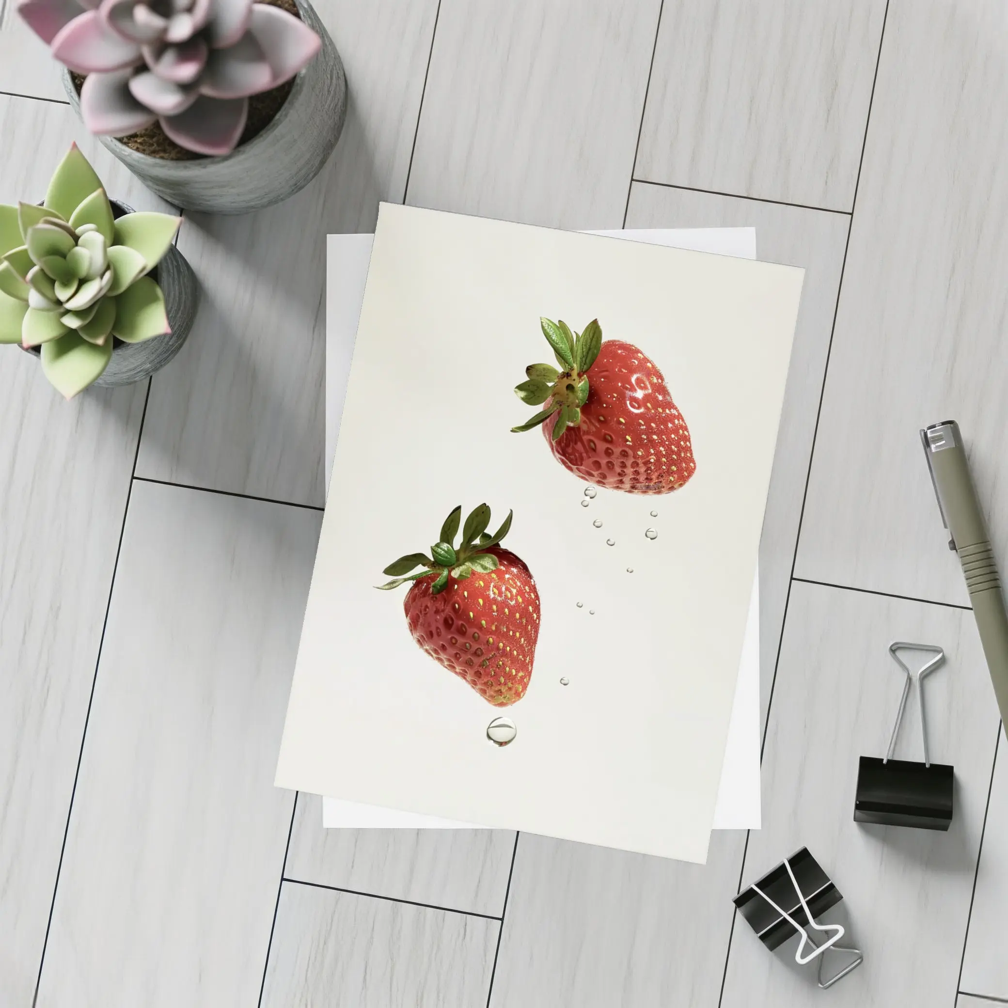 Two Fresh Strawberries Falling With Water Drops – Postcards