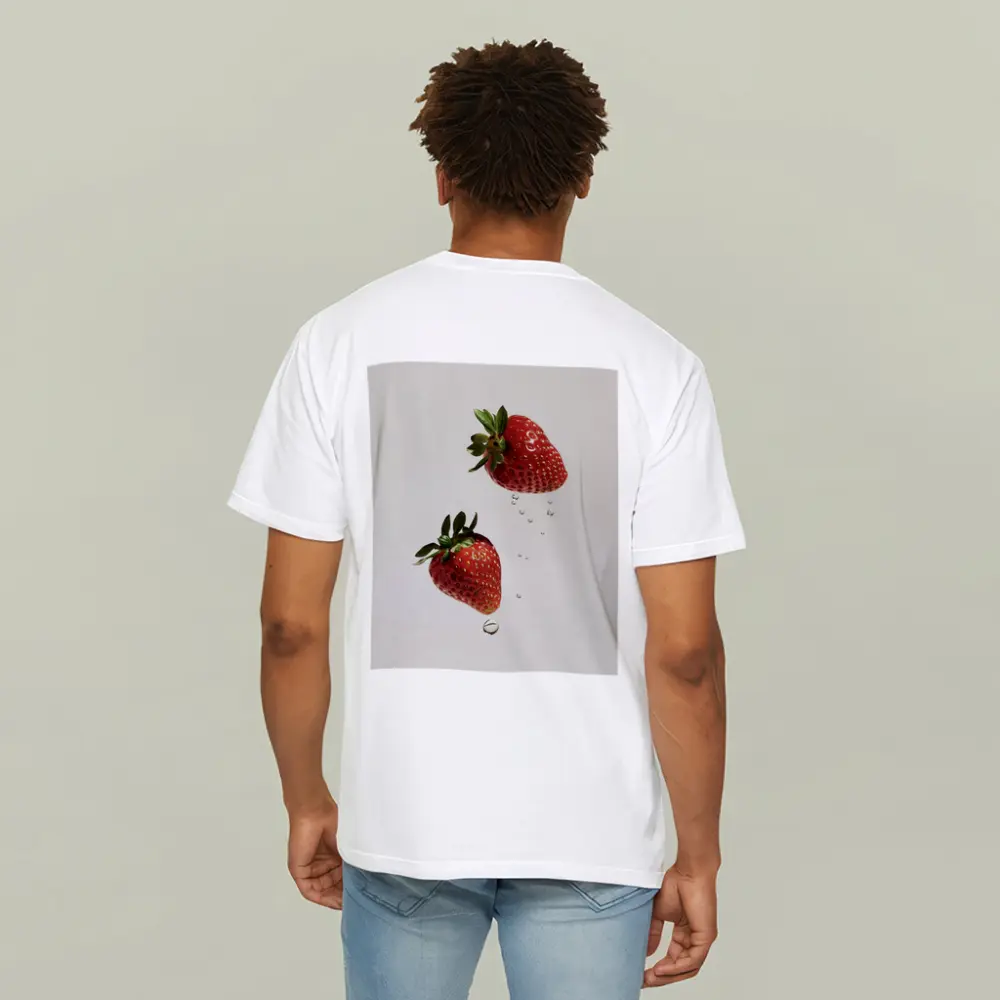 Two Fresh Strawberries Falling With Water Drops – T-Shirts