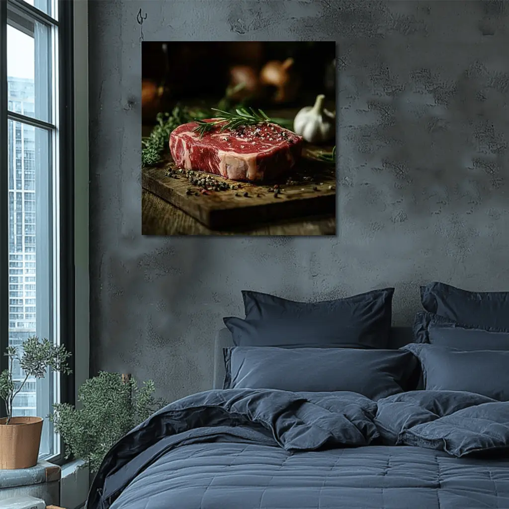 Raw Ribeye Steak Rosemary Garlic Wooden Board – Wall Art