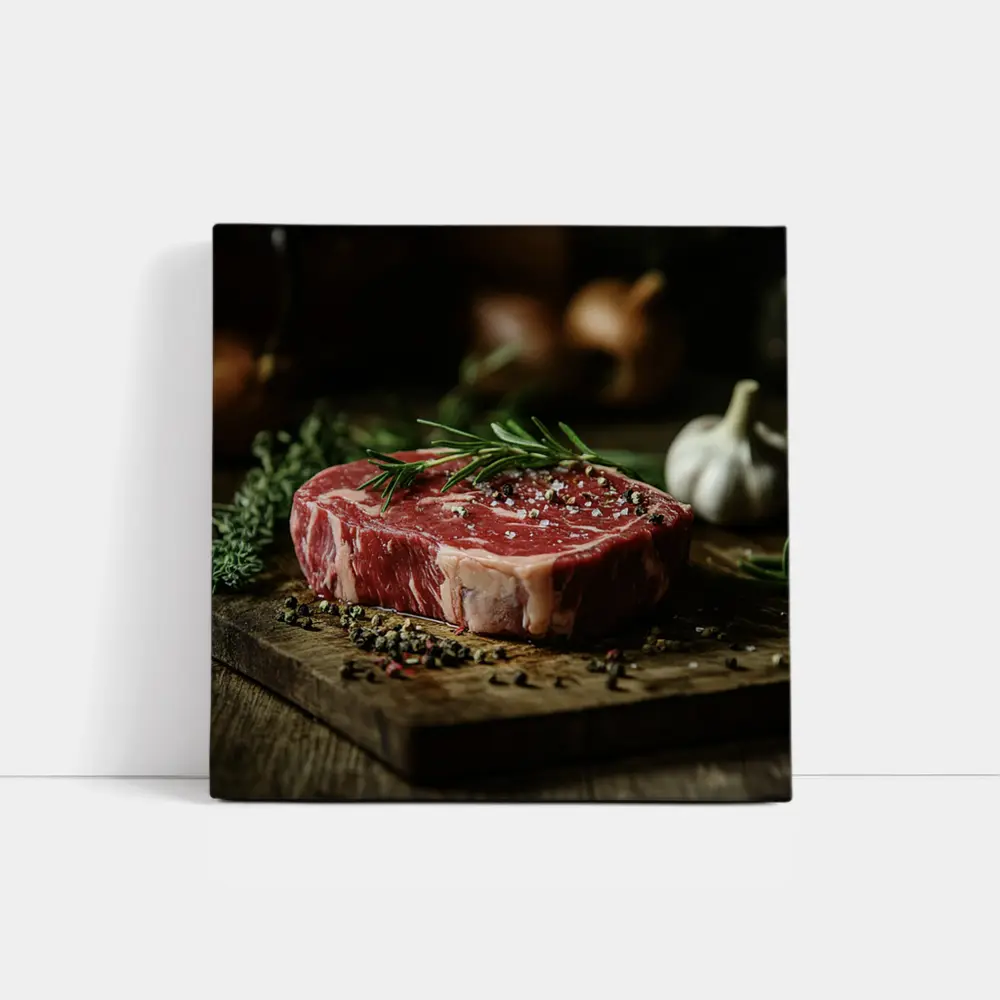 Raw Ribeye Steak Rosemary Garlic Wooden Board – Wall Art