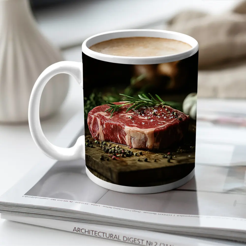 Raw Ribeye Steak Rosemary Garlic Wooden Board – Mugs