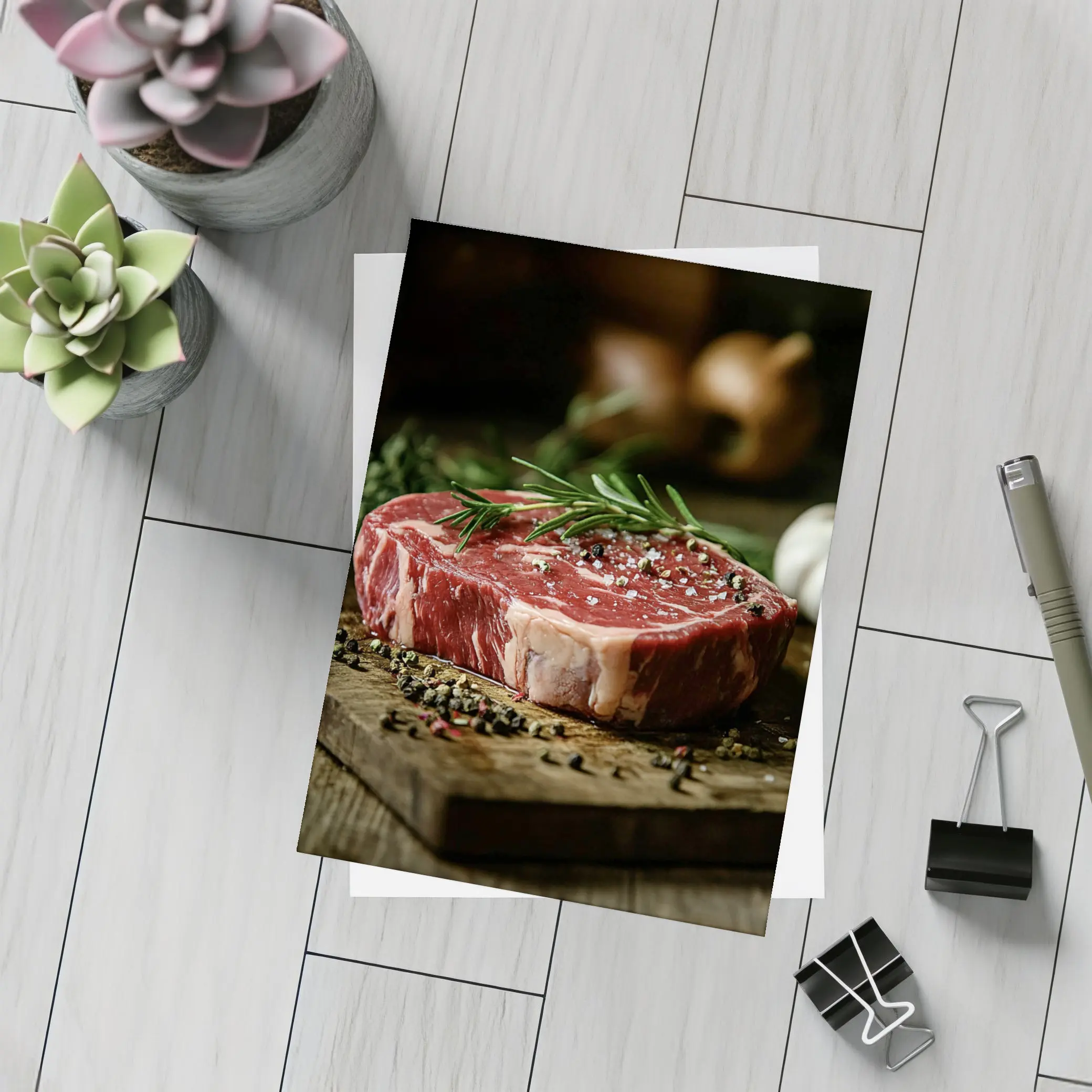 Raw Ribeye Steak Rosemary Garlic Wooden Board – Postcards