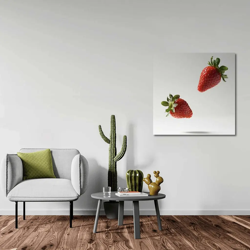 Two Fresh Strawberries Floating Gray Background – Wall Art