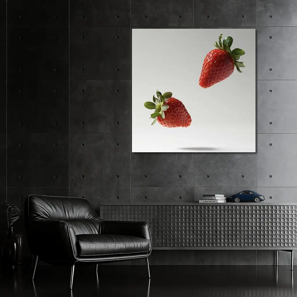 Two Fresh Strawberries Floating Gray Background – Wall Art