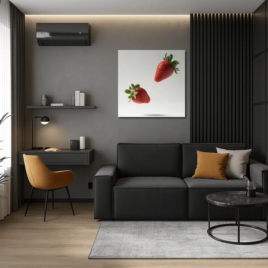 Two Fresh Strawberries Floating Gray Background – Wall Art