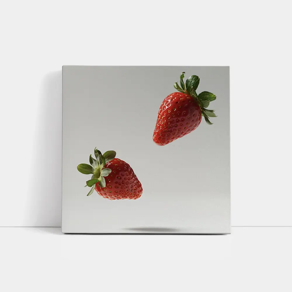 Two Fresh Strawberries Floating Gray Background – Wall Art
