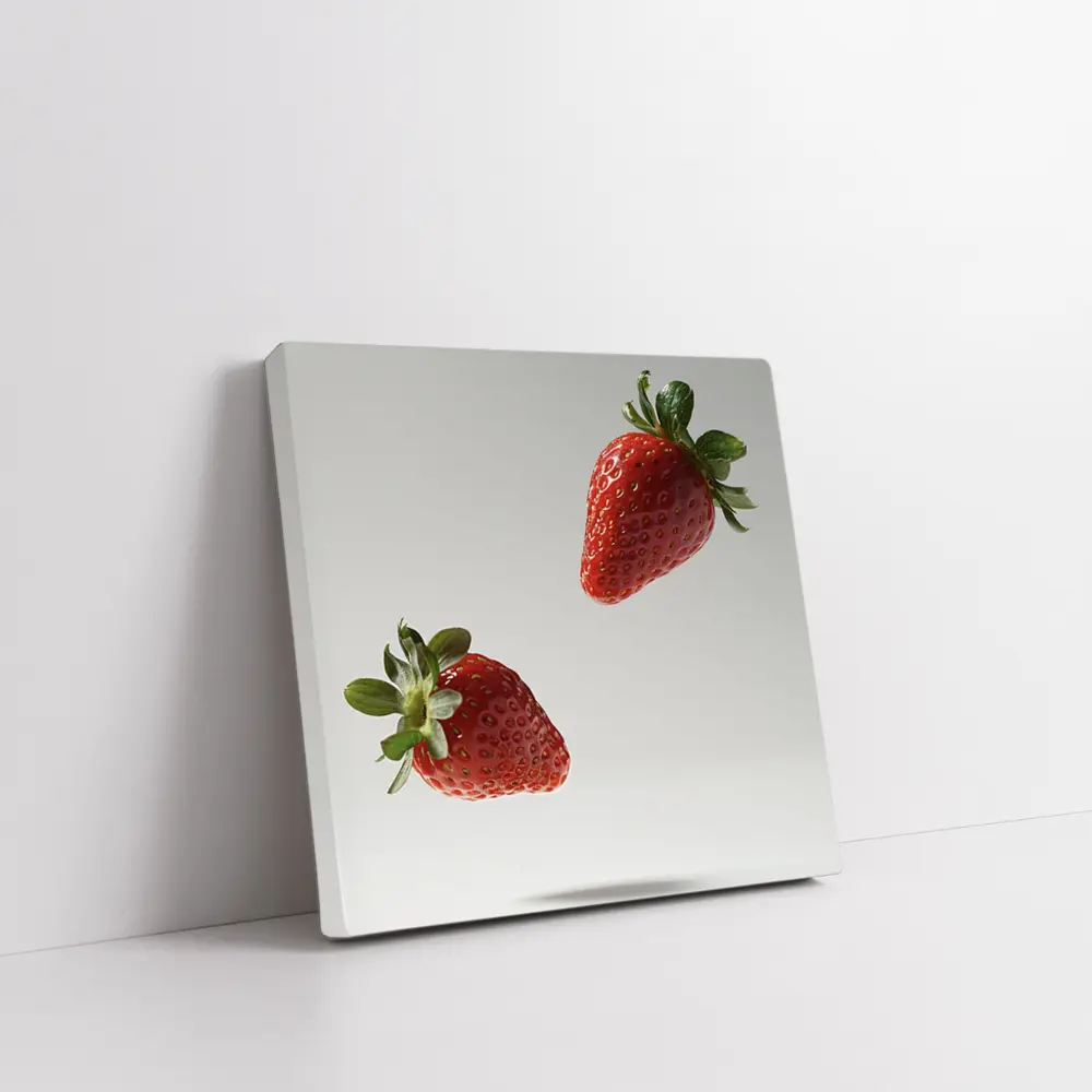 Two Fresh Strawberries Floating Gray Background – Wall Art