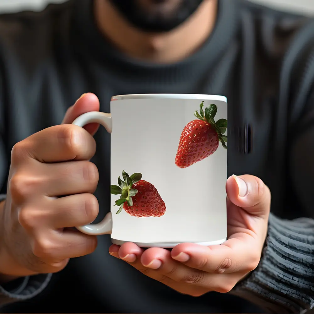 Two Fresh Strawberries Floating Gray Background – Mugs