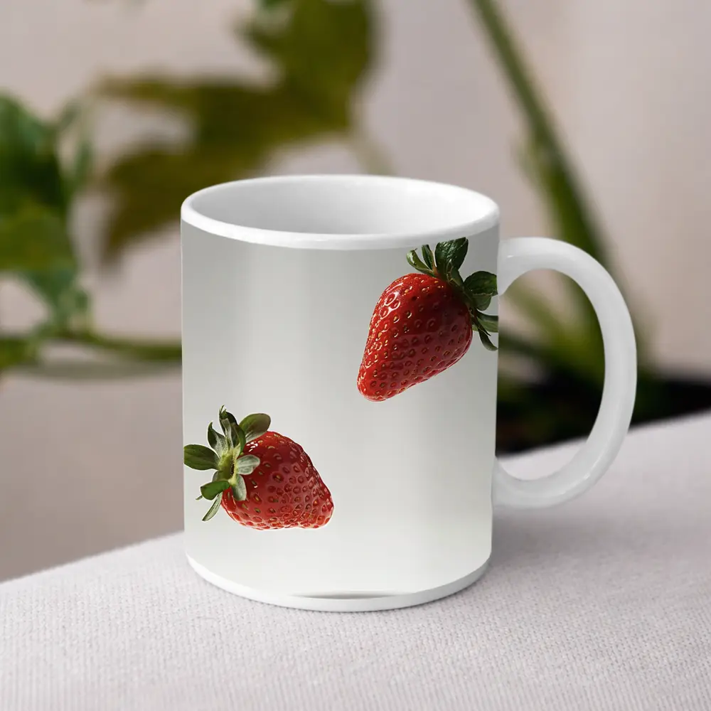 Two Fresh Strawberries Floating Gray Background – Mugs