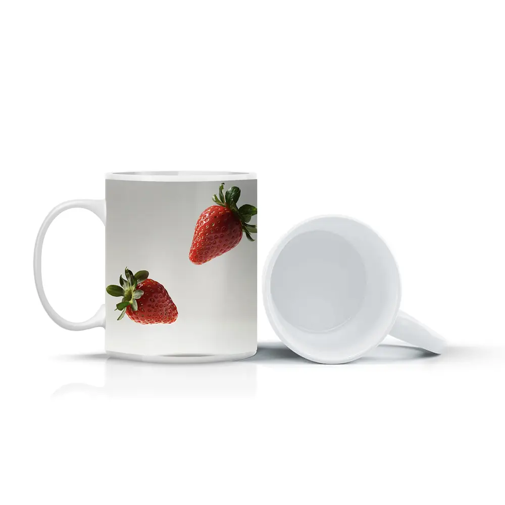 Two Fresh Strawberries Floating Gray Background – Mugs