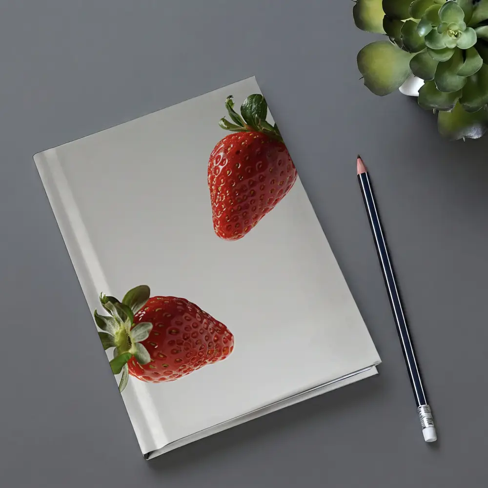 Two Fresh Strawberries Floating Gray Background – Notebooks