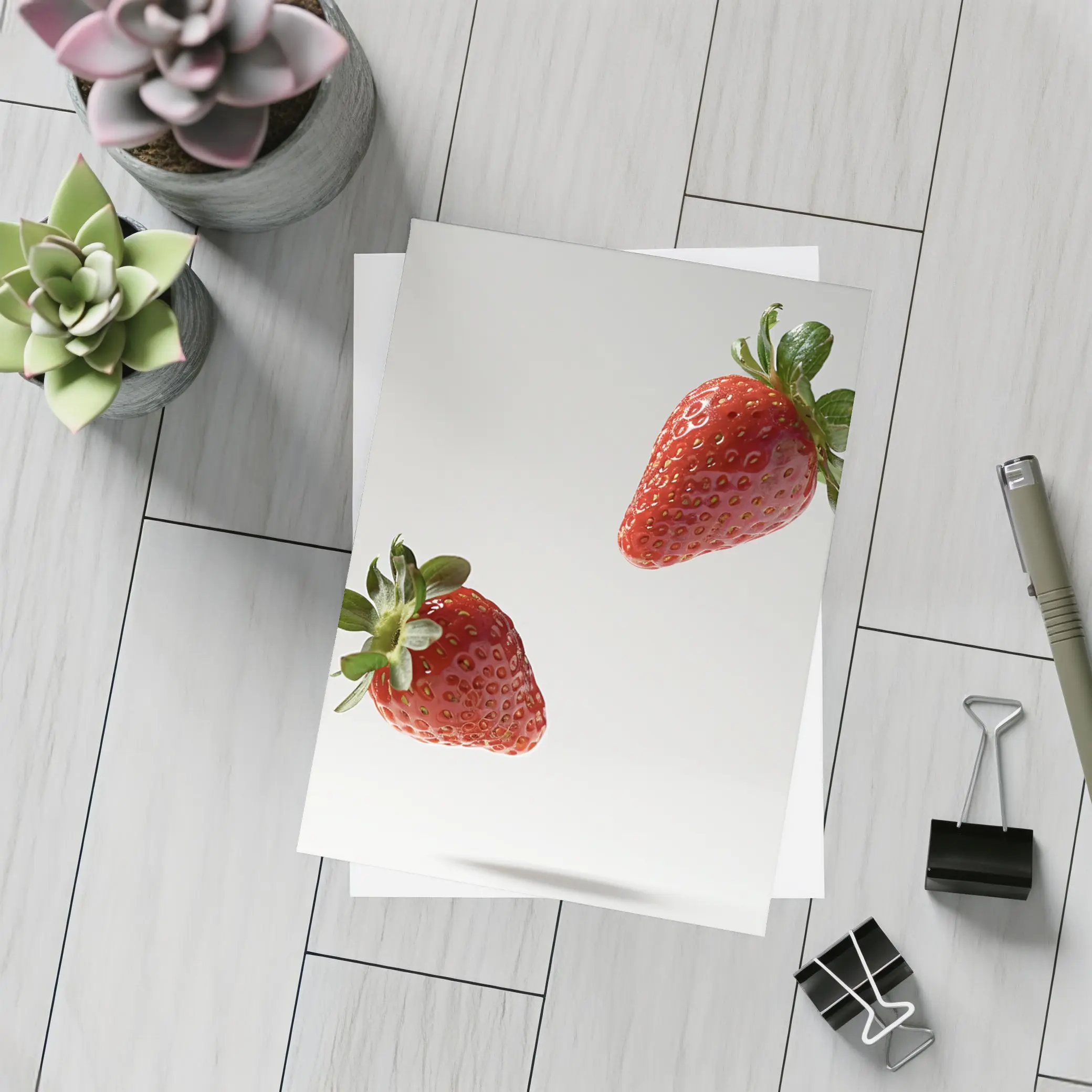 Two Fresh Strawberries Floating Gray Background – Postcards