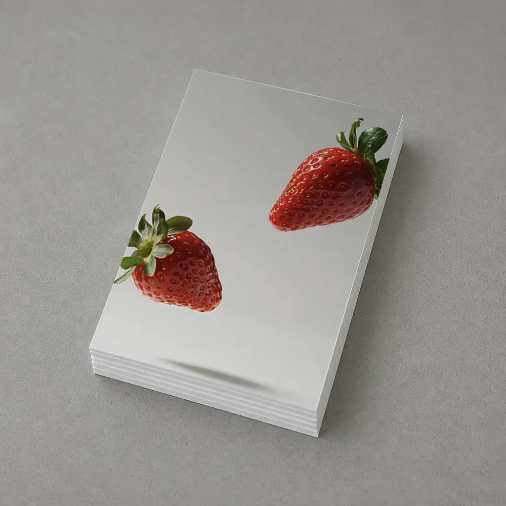 Two Fresh Strawberries Floating Gray Background – Postcards