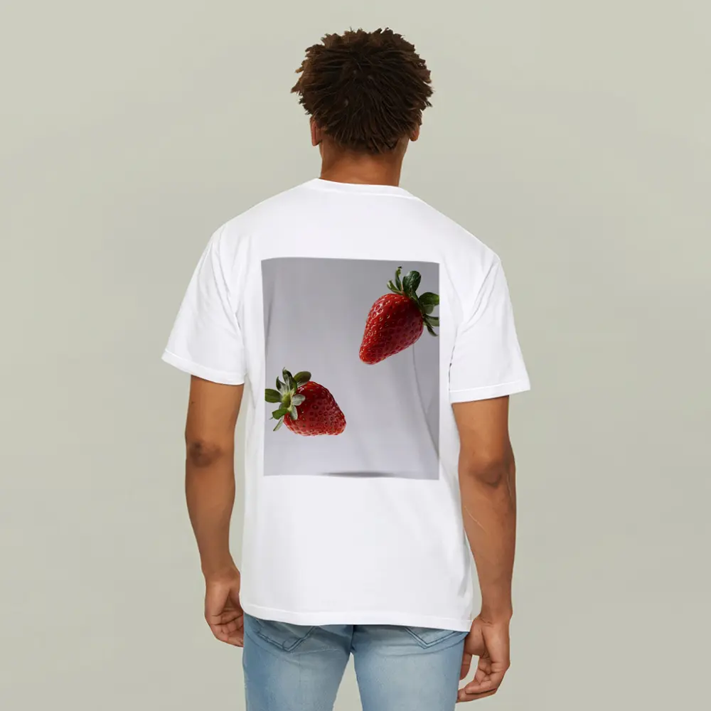 Two Fresh Strawberries Floating Gray Background – T-Shirts