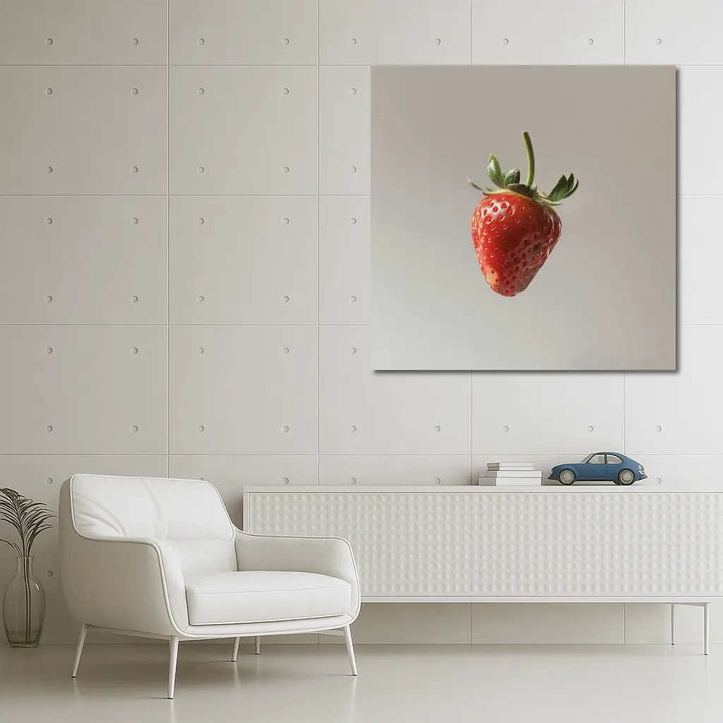 Red Strawberry Floating on Neutral Background – Wall Art