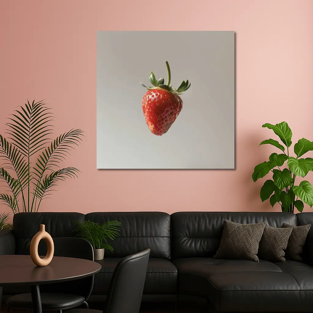 Red Strawberry Floating on Neutral Background – Wall Art