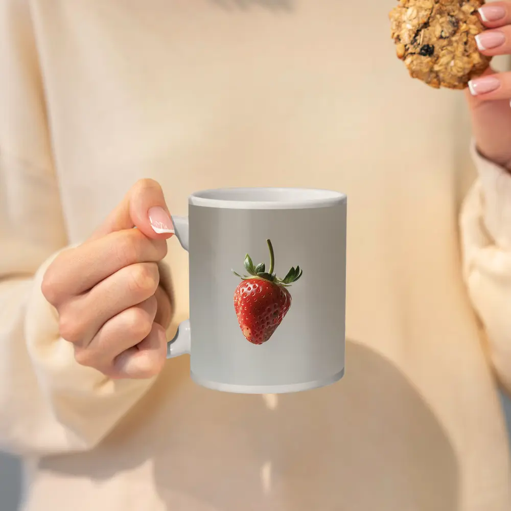 Red Strawberry Floating on Neutral Background – Mugs