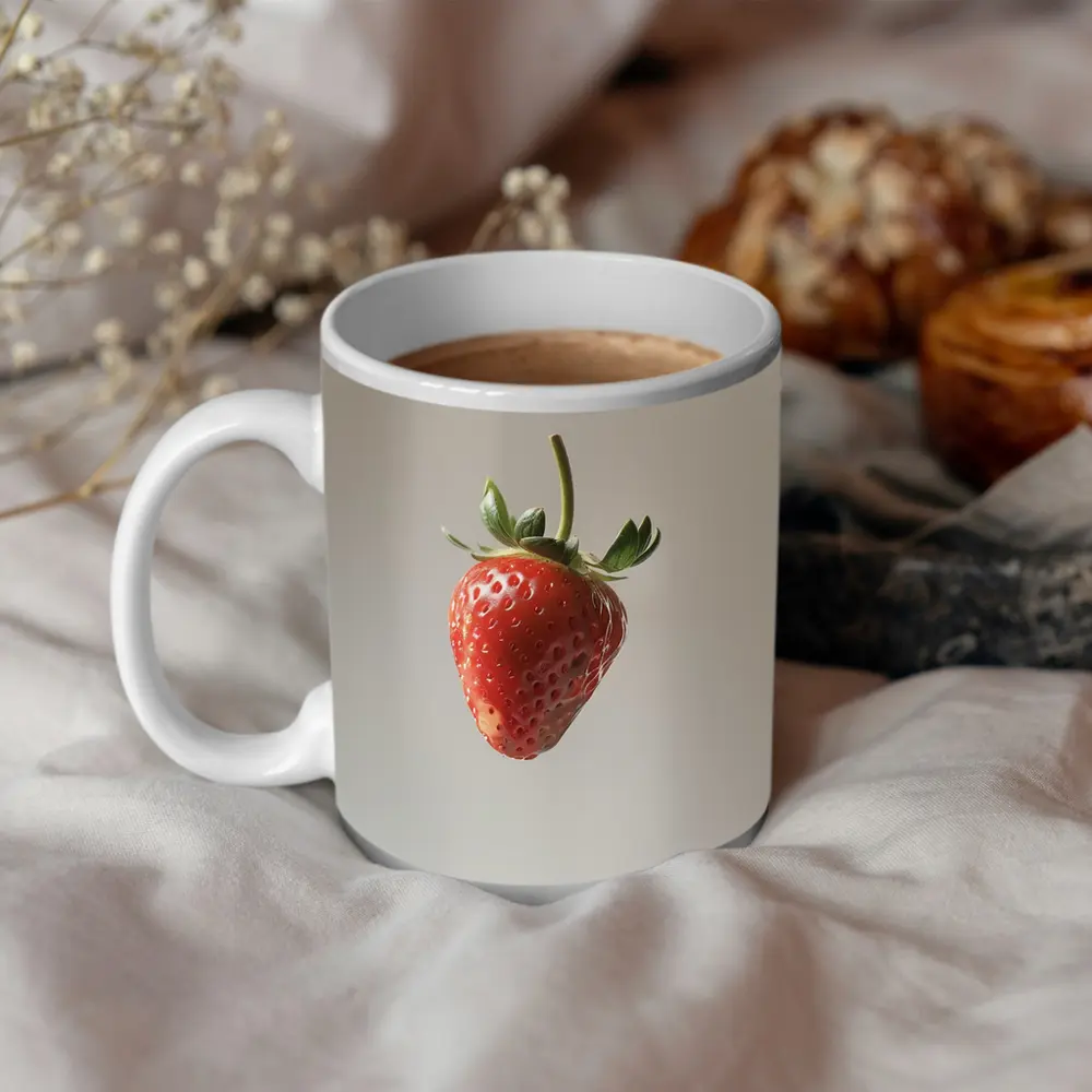 Red Strawberry Floating on Neutral Background – Mugs