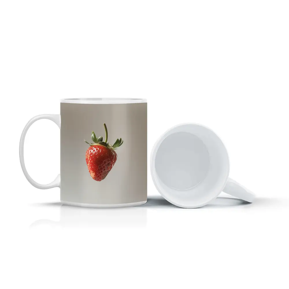Red Strawberry Floating on Neutral Background – Mugs