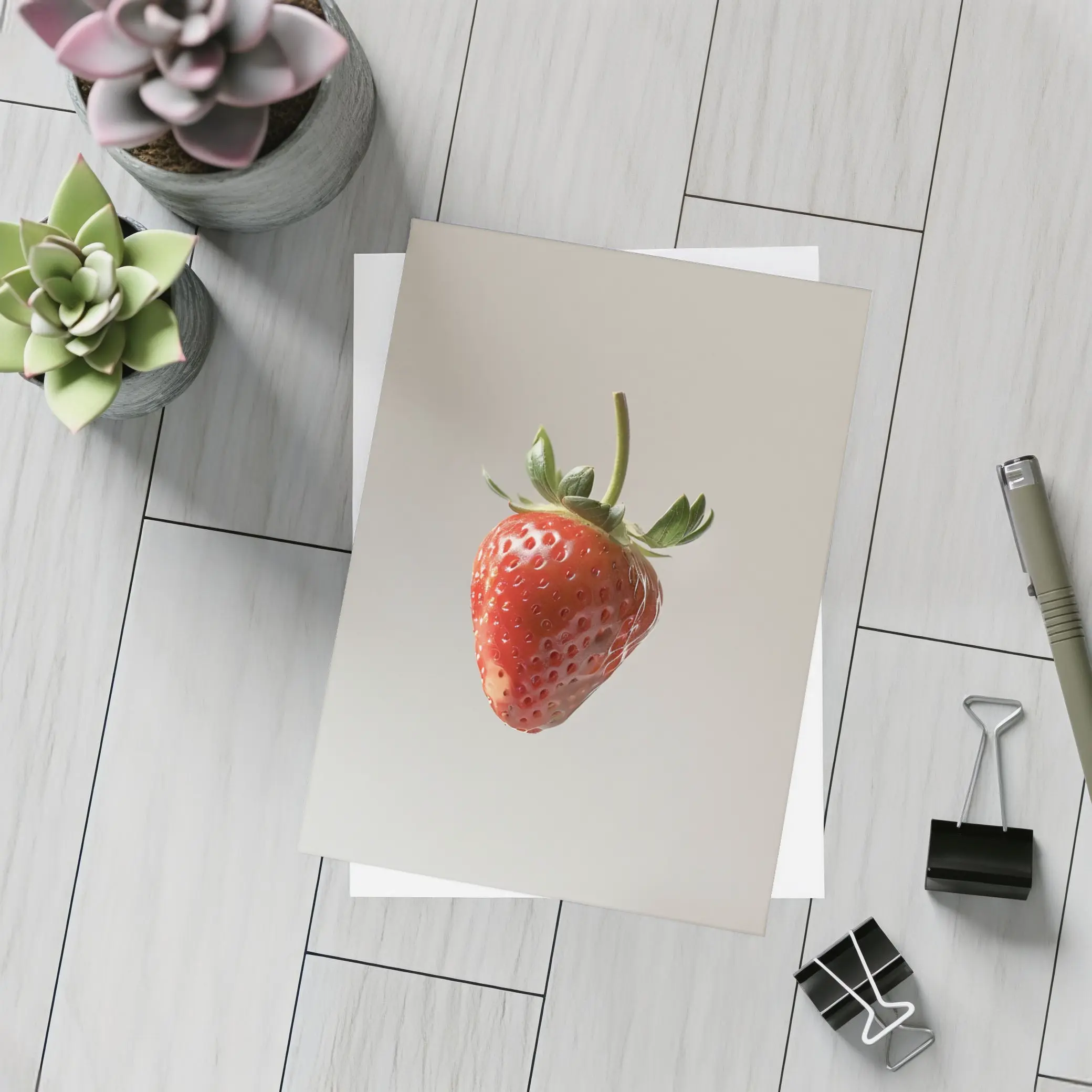 Red Strawberry Floating on Neutral Background – Postcards